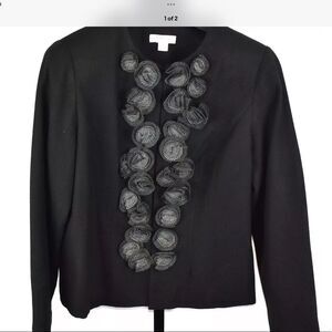 Coldwater Creek Black Flower Trimmed wool Blend Jacket Size 14 NWT